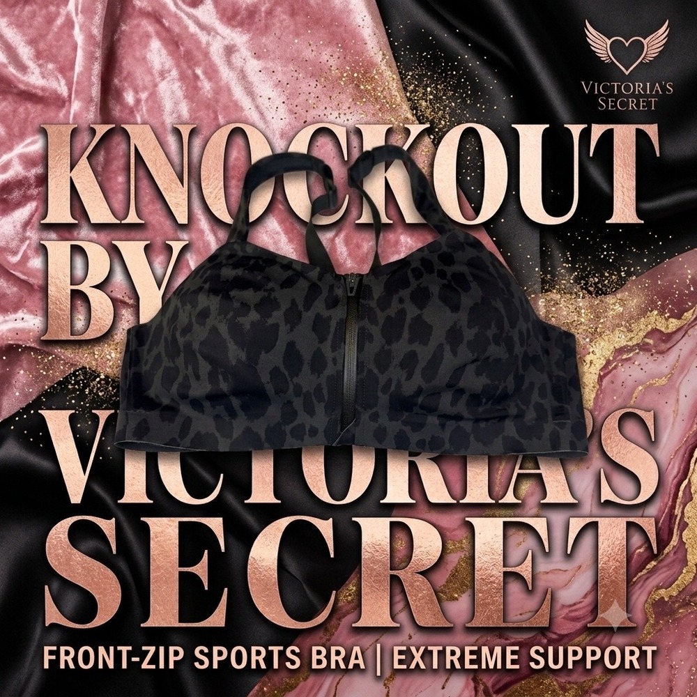 Victorias Secret Knockout Front Zip Sports Bra Black Leopard 36C High Support